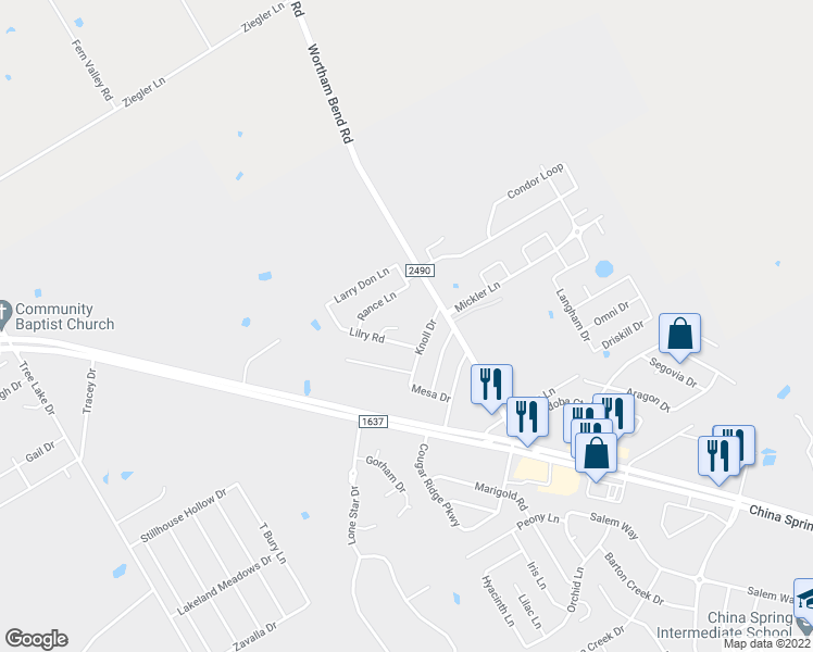 map of restaurants, bars, coffee shops, grocery stores, and more near 4400 Lacey Circle in Waco
