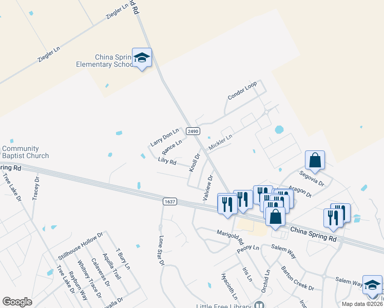 map of restaurants, bars, coffee shops, grocery stores, and more near 4133 Knoll Drive in Waco