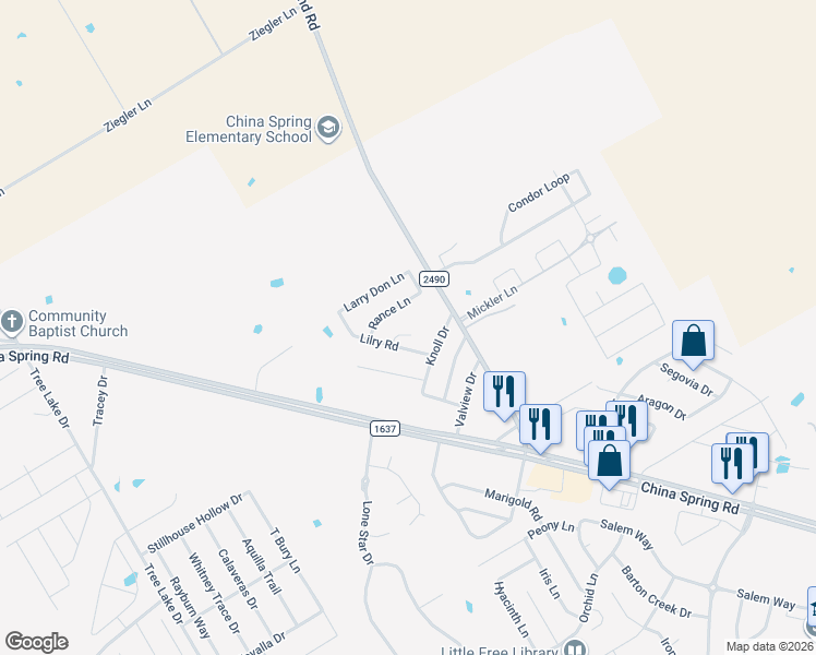 map of restaurants, bars, coffee shops, grocery stores, and more near 4133 Knoll Drive in Waco