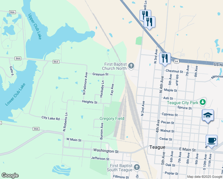 map of restaurants, bars, coffee shops, grocery stores, and more near 180 Fay in Teague