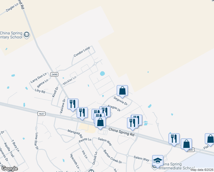 map of restaurants, bars, coffee shops, grocery stores, and more near 10500 Granada Drive in Waco