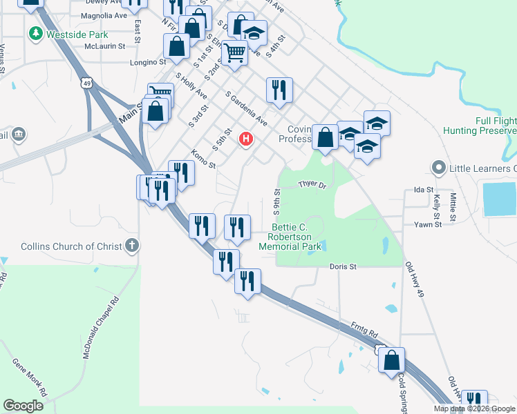 map of restaurants, bars, coffee shops, grocery stores, and more near 112 Pinecrest Street in Collins