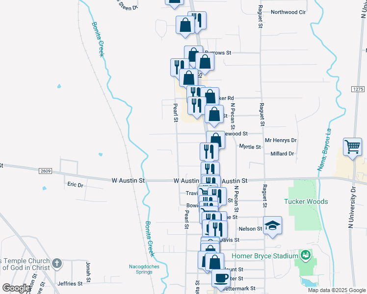 map of restaurants, bars, coffee shops, grocery stores, and more near 201 West Lakewood Street in Nacogdoches