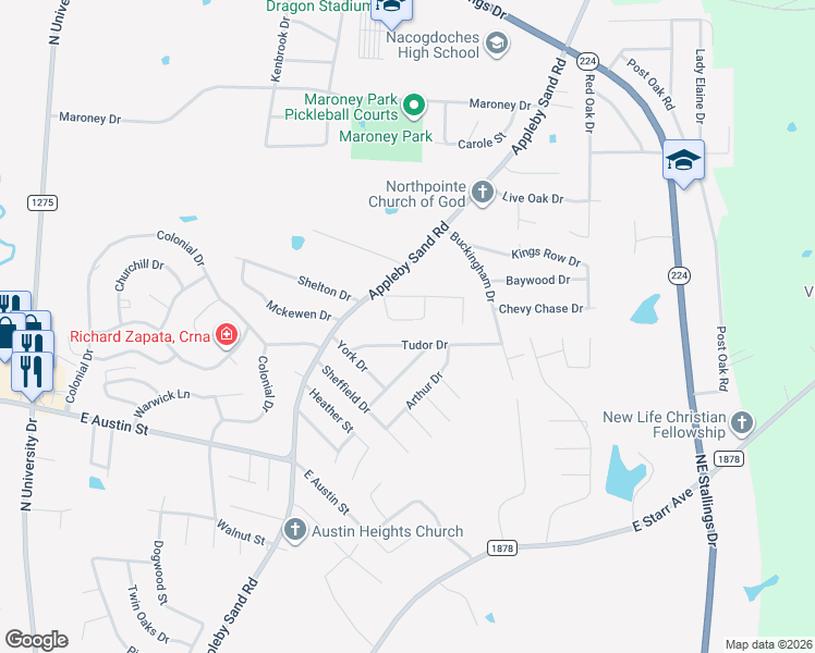 map of restaurants, bars, coffee shops, grocery stores, and more near 3524 Ashcreek Circle in Nacogdoches