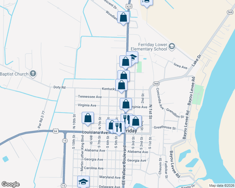 map of restaurants, bars, coffee shops, grocery stores, and more near 400-498 Kentucky Ave in Ferriday