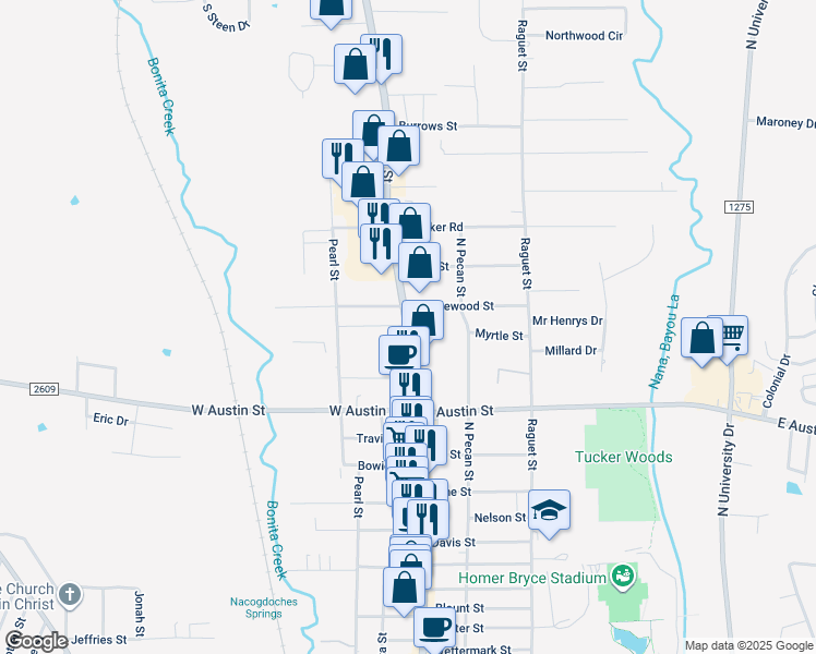 map of restaurants, bars, coffee shops, grocery stores, and more near 102 East Lakewood Street in Nacogdoches