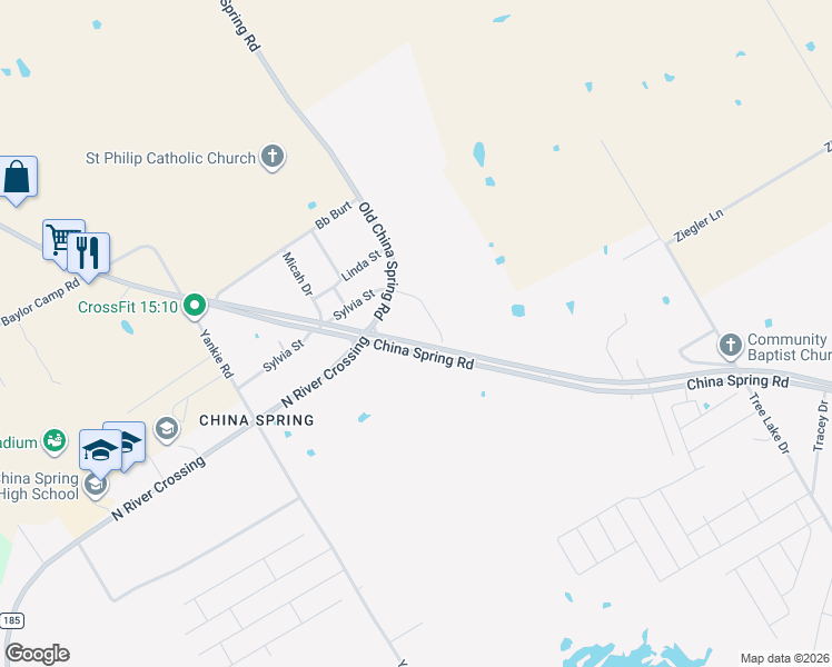 map of restaurants, bars, coffee shops, grocery stores, and more near 12040-12044 Old China Spring Rd in Waco