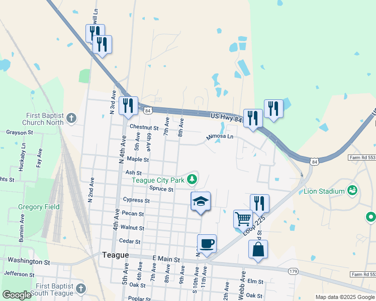 map of restaurants, bars, coffee shops, grocery stores, and more near 3 Mimosa Lane in Teague