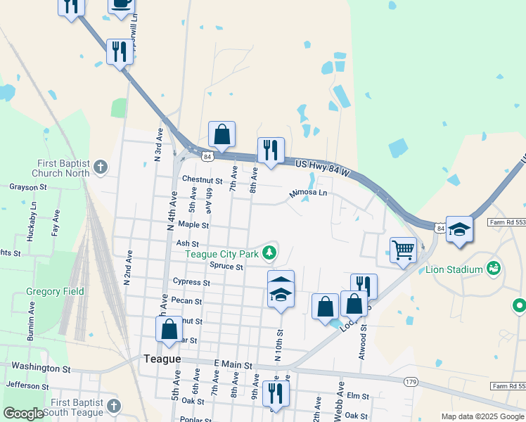 map of restaurants, bars, coffee shops, grocery stores, and more near 3 Mimosa Lane in Teague