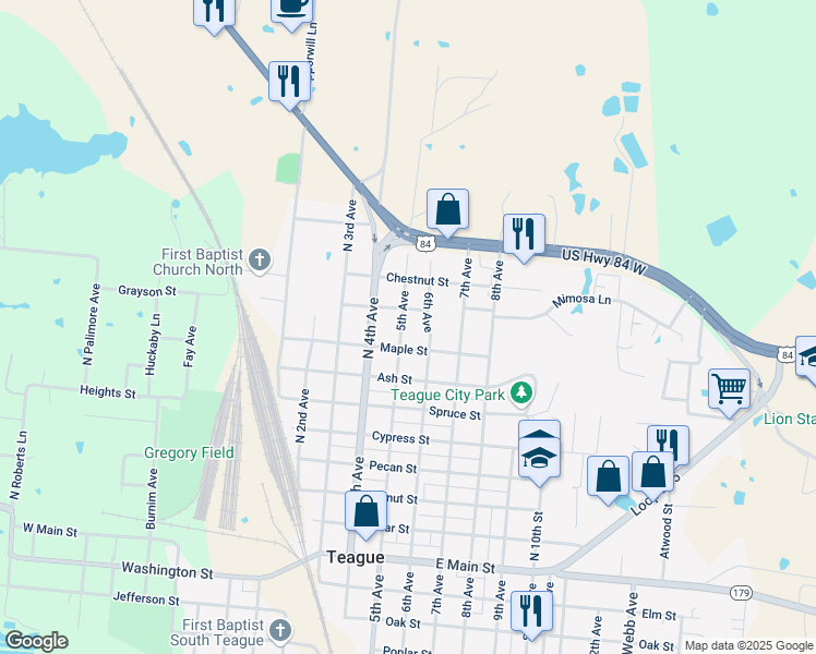 map of restaurants, bars, coffee shops, grocery stores, and more near 814 5th Avenue in Teague