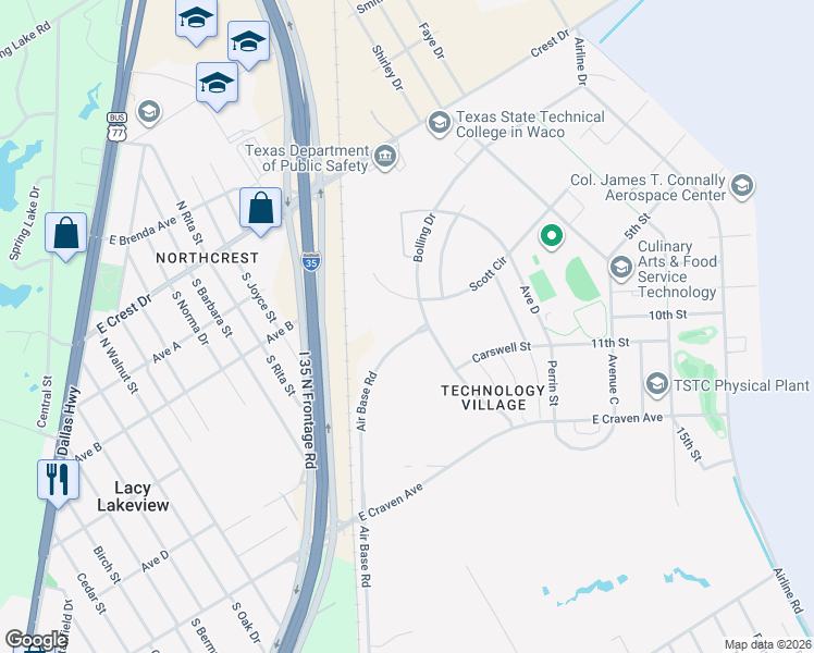 map of restaurants, bars, coffee shops, grocery stores, and more near 2232 Air Base Road in Waco
