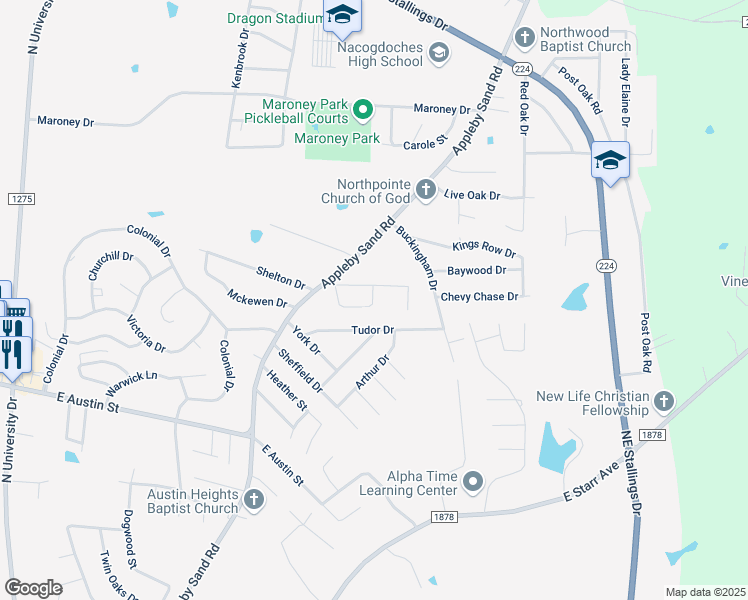 map of restaurants, bars, coffee shops, grocery stores, and more near 3614 Ashcreek Circle in Nacogdoches