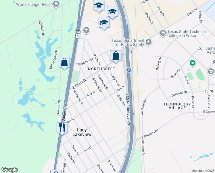 map of restaurants, bars, coffee shops, grocery stores, and more near 201 South Barbara Street in Waco