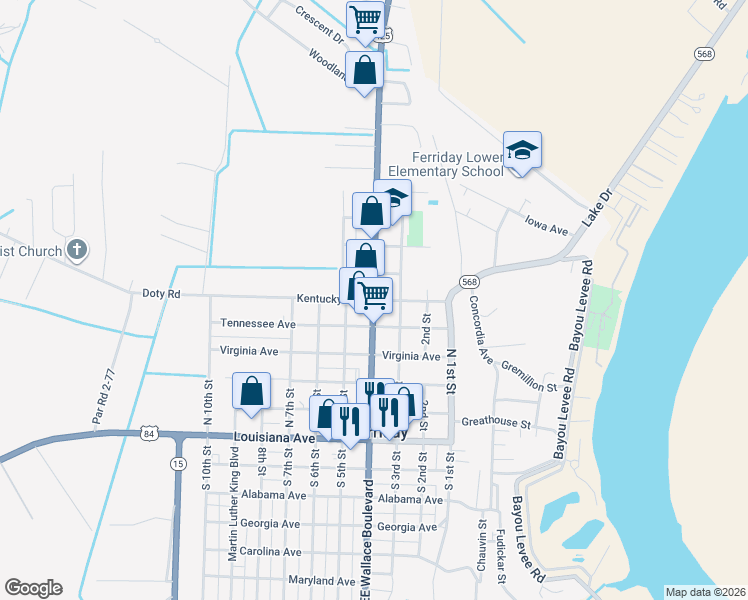 map of restaurants, bars, coffee shops, grocery stores, and more near 400 Kentucky Avenue in Ferriday