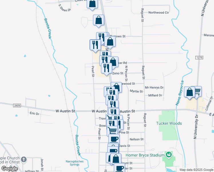 map of restaurants, bars, coffee shops, grocery stores, and more near 102 East Lakewood Street in Nacogdoches