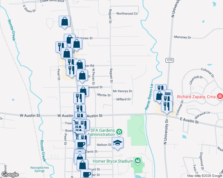 map of restaurants, bars, coffee shops, grocery stores, and more near 3425 Raguet Street in Nacogdoches