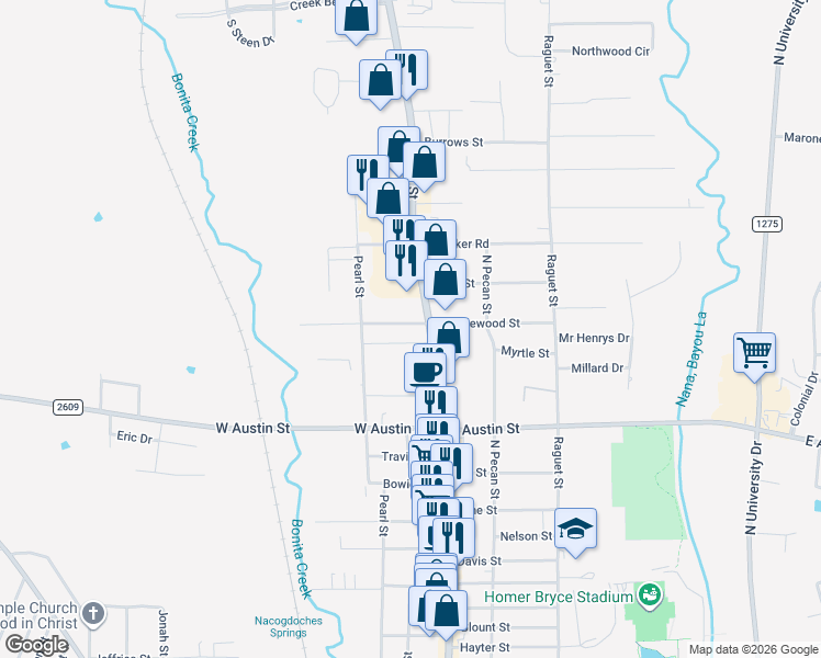 map of restaurants, bars, coffee shops, grocery stores, and more near 3409 North Street in Nacogdoches
