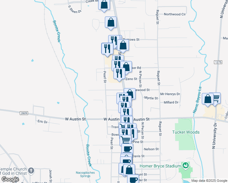 map of restaurants, bars, coffee shops, grocery stores, and more near 201 West Lakewood Street in Nacogdoches