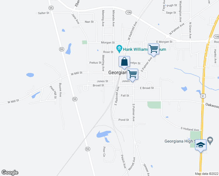 map of restaurants, bars, coffee shops, grocery stores, and more near 214 East Rose Street in Georgiana