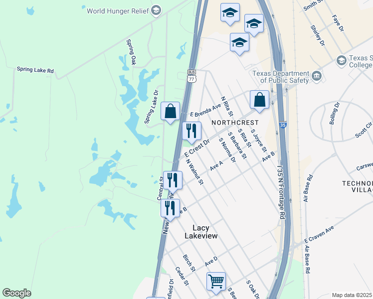 map of restaurants, bars, coffee shops, grocery stores, and more near 112 East Crest Drive in Waco