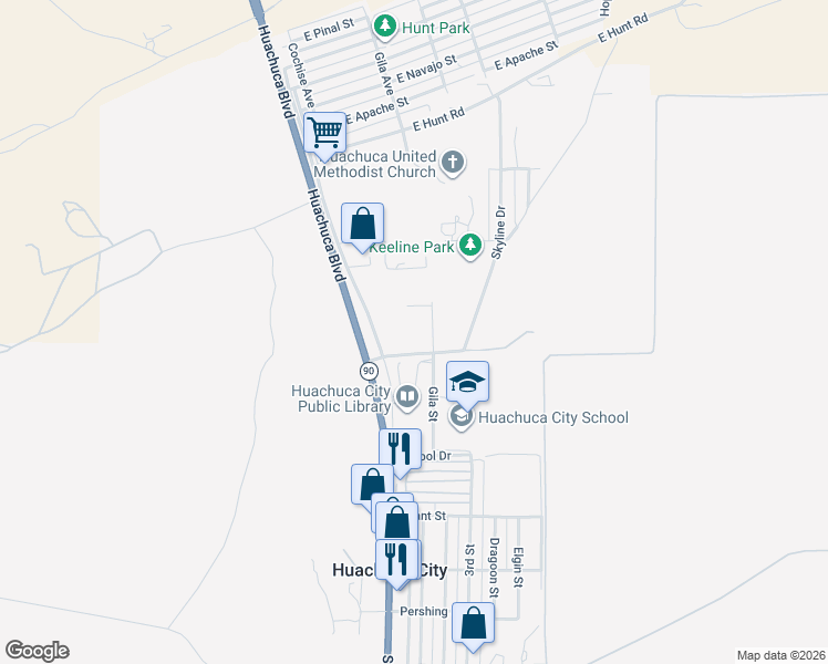 map of restaurants, bars, coffee shops, grocery stores, and more near 175 North Skyline Drive in Huachuca City