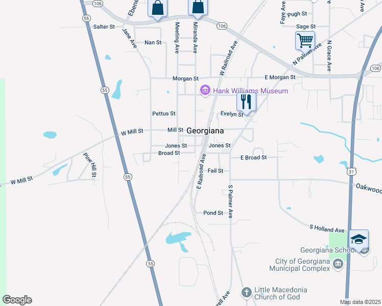map of restaurants, bars, coffee shops, grocery stores, and more near 214 East Rose Street in Georgiana