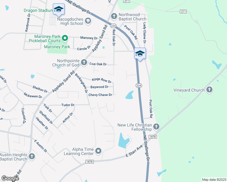 map of restaurants, bars, coffee shops, grocery stores, and more near 3722 Chevy Chase Drive in Nacogdoches
