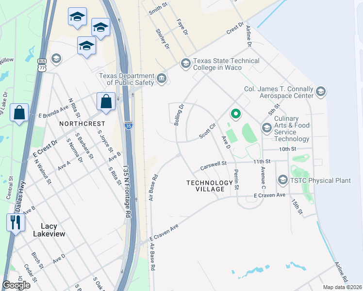 map of restaurants, bars, coffee shops, grocery stores, and more near 2232 Air Base Road in Waco