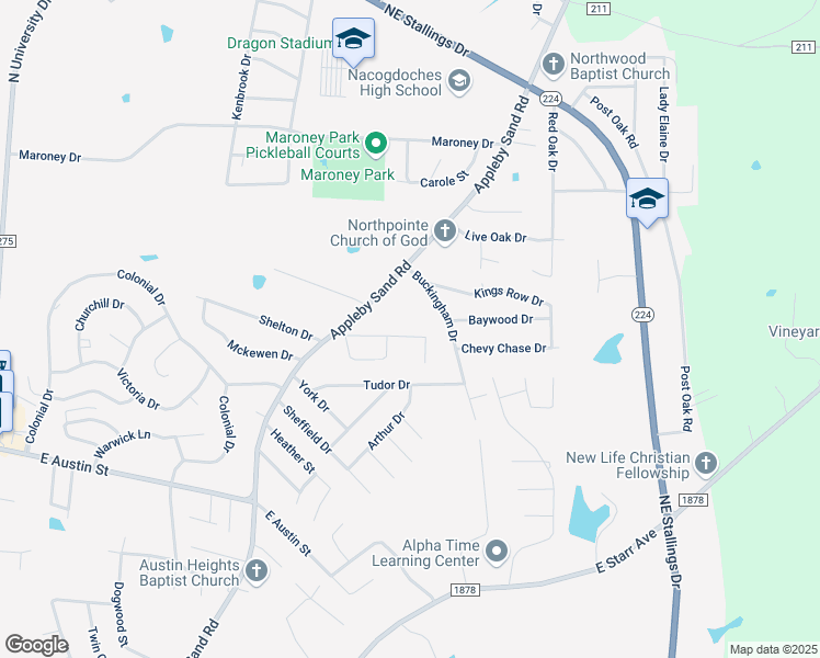 map of restaurants, bars, coffee shops, grocery stores, and more near 3614 Ashcreek Circle in Nacogdoches