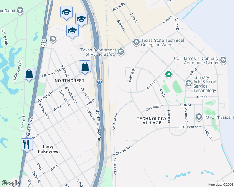 map of restaurants, bars, coffee shops, grocery stores, and more near 2220 Air Base Road in Waco