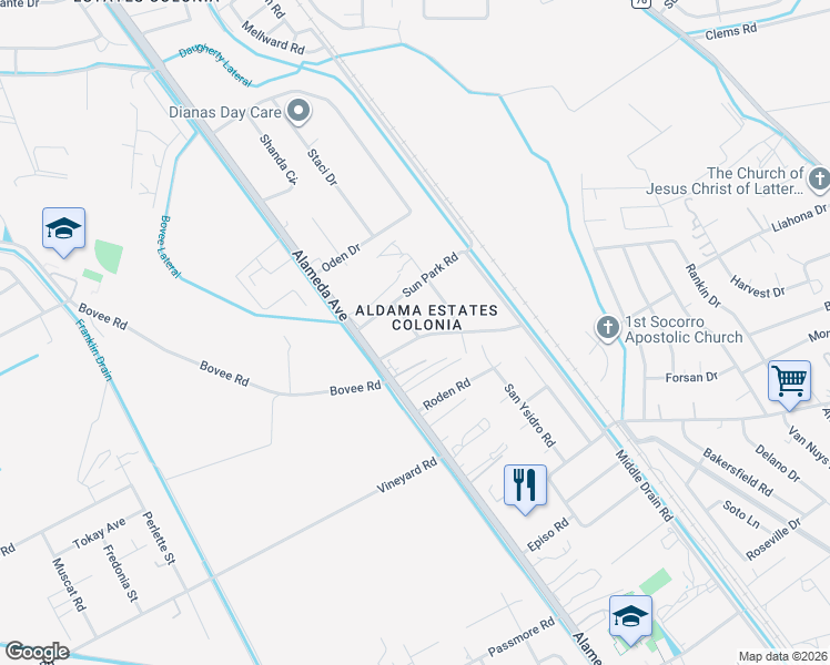 map of restaurants, bars, coffee shops, grocery stores, and more near Sun Ray Way in Socorro