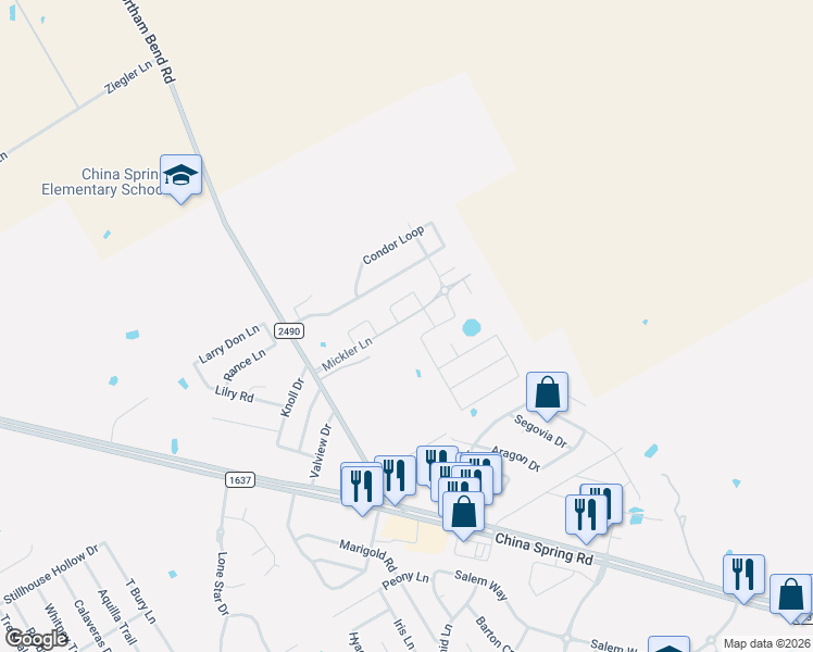 map of restaurants, bars, coffee shops, grocery stores, and more near 10809 Burnham Drive in Waco