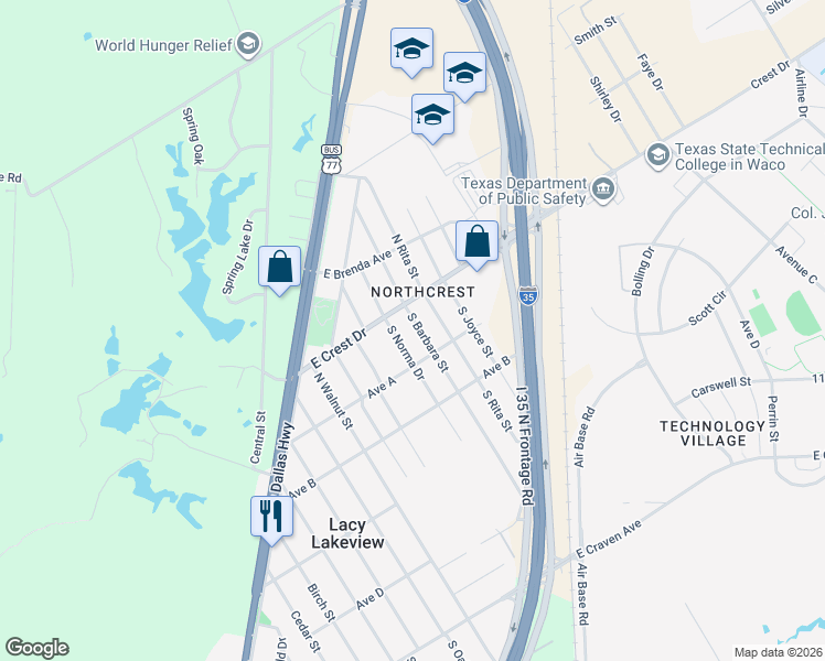 map of restaurants, bars, coffee shops, grocery stores, and more near 106 South Barbara Street in Waco