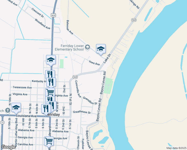 map of restaurants, bars, coffee shops, grocery stores, and more near 300-398 State Route 568 in Ferriday