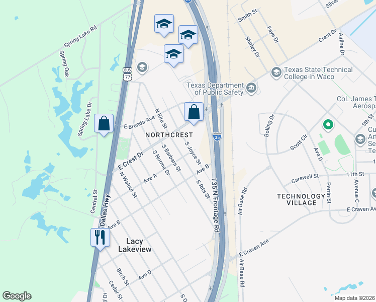 map of restaurants, bars, coffee shops, grocery stores, and more near 113 South Joyce Street in Waco