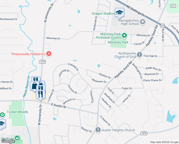 map of restaurants, bars, coffee shops, grocery stores, and more near 1338 Mckewen Drive in Nacogdoches