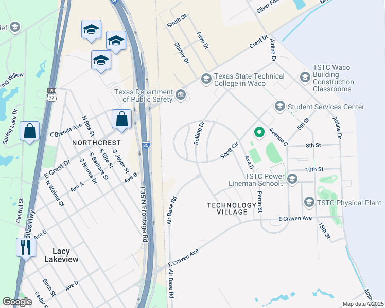 map of restaurants, bars, coffee shops, grocery stores, and more near 36 Bolling Drive in Waco