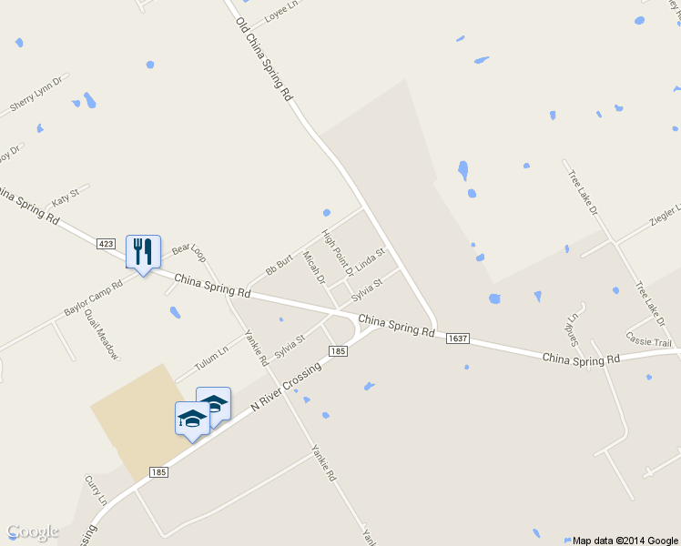 map of restaurants, bars, coffee shops, grocery stores, and more near 12300 High Point Dr in Waco