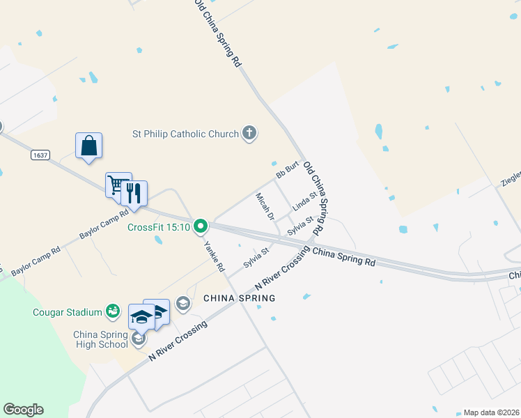 map of restaurants, bars, coffee shops, grocery stores, and more near 12320 Micah Drive in Waco