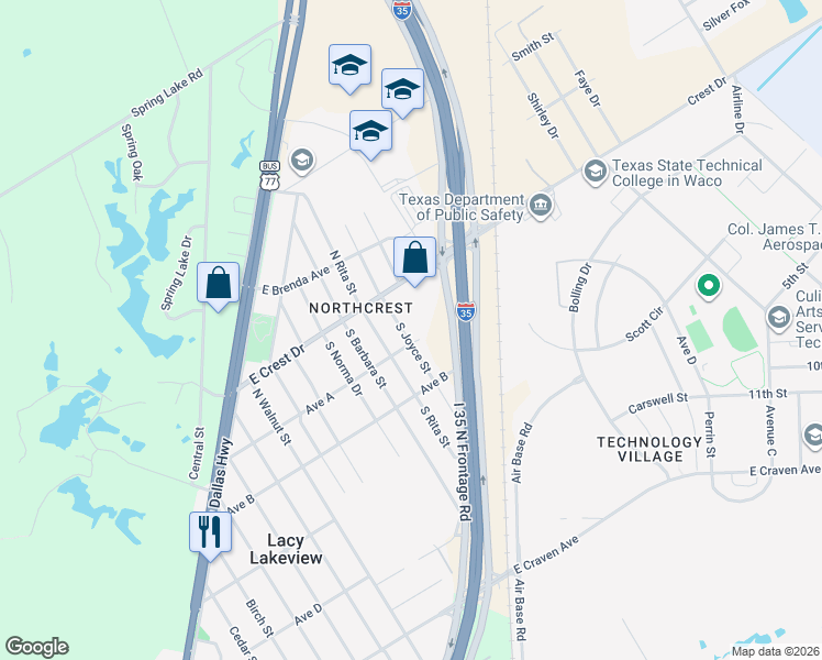 map of restaurants, bars, coffee shops, grocery stores, and more near 113 South Joyce Street in Waco