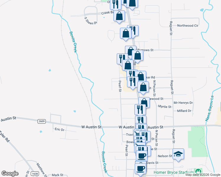 map of restaurants, bars, coffee shops, grocery stores, and more near 3537 West Meadow Drive in Nacogdoches
