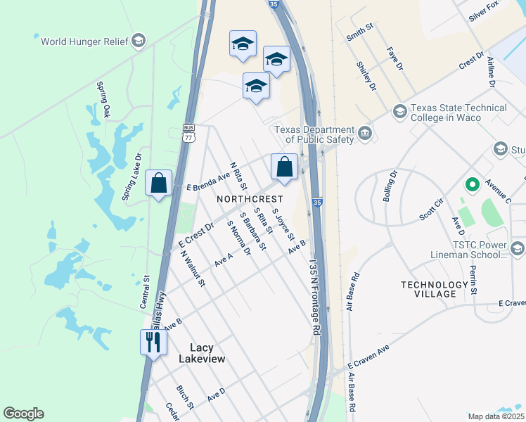 map of restaurants, bars, coffee shops, grocery stores, and more near 107 South Rita Street in Waco