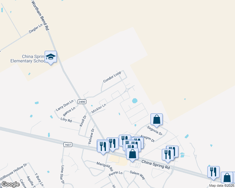 map of restaurants, bars, coffee shops, grocery stores, and more near 10713 Burnham Drive in Waco