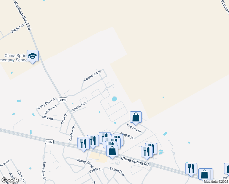 map of restaurants, bars, coffee shops, grocery stores, and more near 10704 Fallbrook Road in Waco