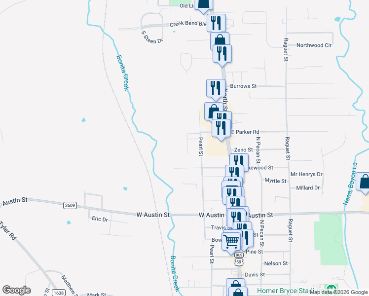 map of restaurants, bars, coffee shops, grocery stores, and more near 3537 West Meadow Street in Nacogdoches