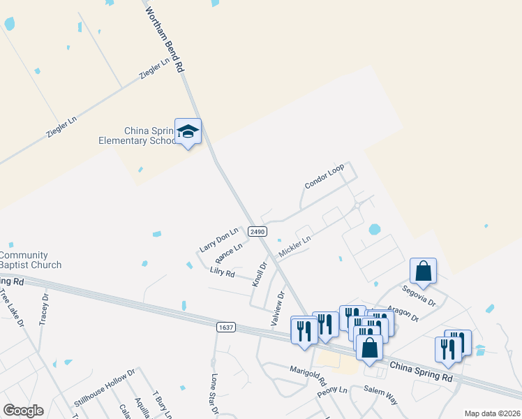 map of restaurants, bars, coffee shops, grocery stores, and more near 10112 Bunting Drive in Waco