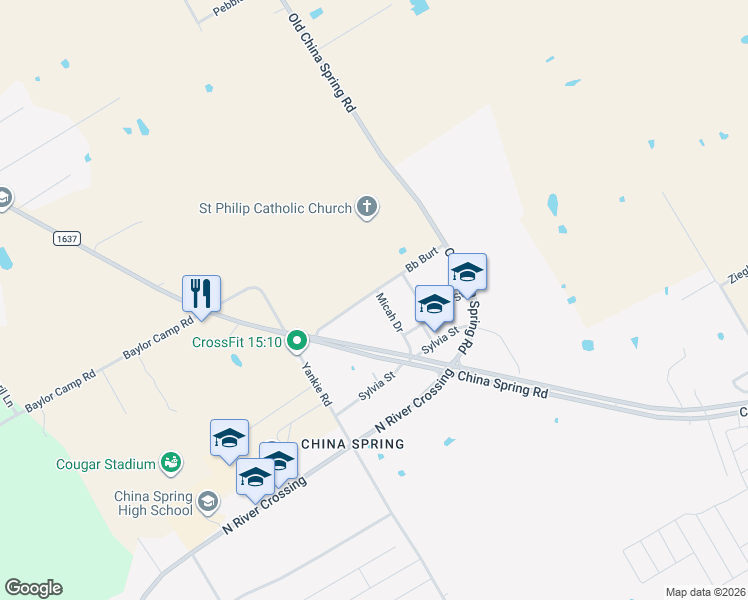map of restaurants, bars, coffee shops, grocery stores, and more near 12320 Micah Drive in Waco