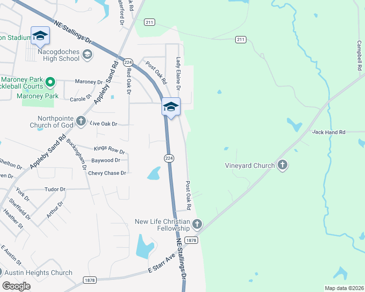 map of restaurants, bars, coffee shops, grocery stores, and more near 2844 Northeast Stallings Drive in Nacogdoches