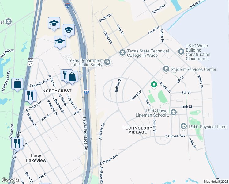 map of restaurants, bars, coffee shops, grocery stores, and more near 36 Bolling Drive in Waco