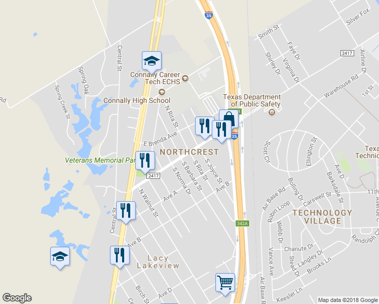 map of restaurants, bars, coffee shops, grocery stores, and more near 601 North Rita Street in Waco